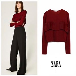 NWT Zara Burgundy Ruffle Stretch Crop Top